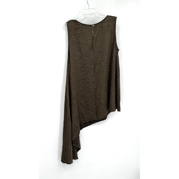 OZAI N KU shirt top tank tunic asymmetrical lagenlook crinkle satin brown L - Picture 4 of 7